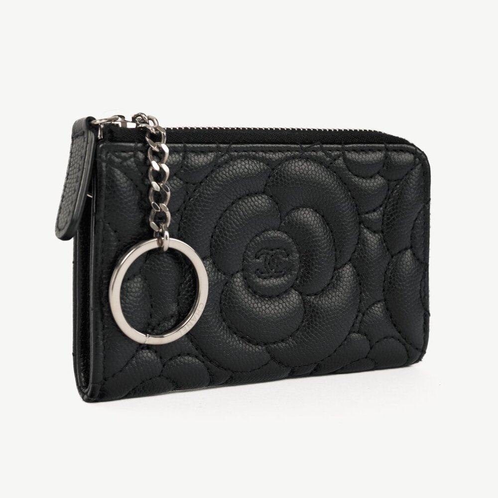 Chanel Black Caviar Leather Camellia-Embossed Key Holder